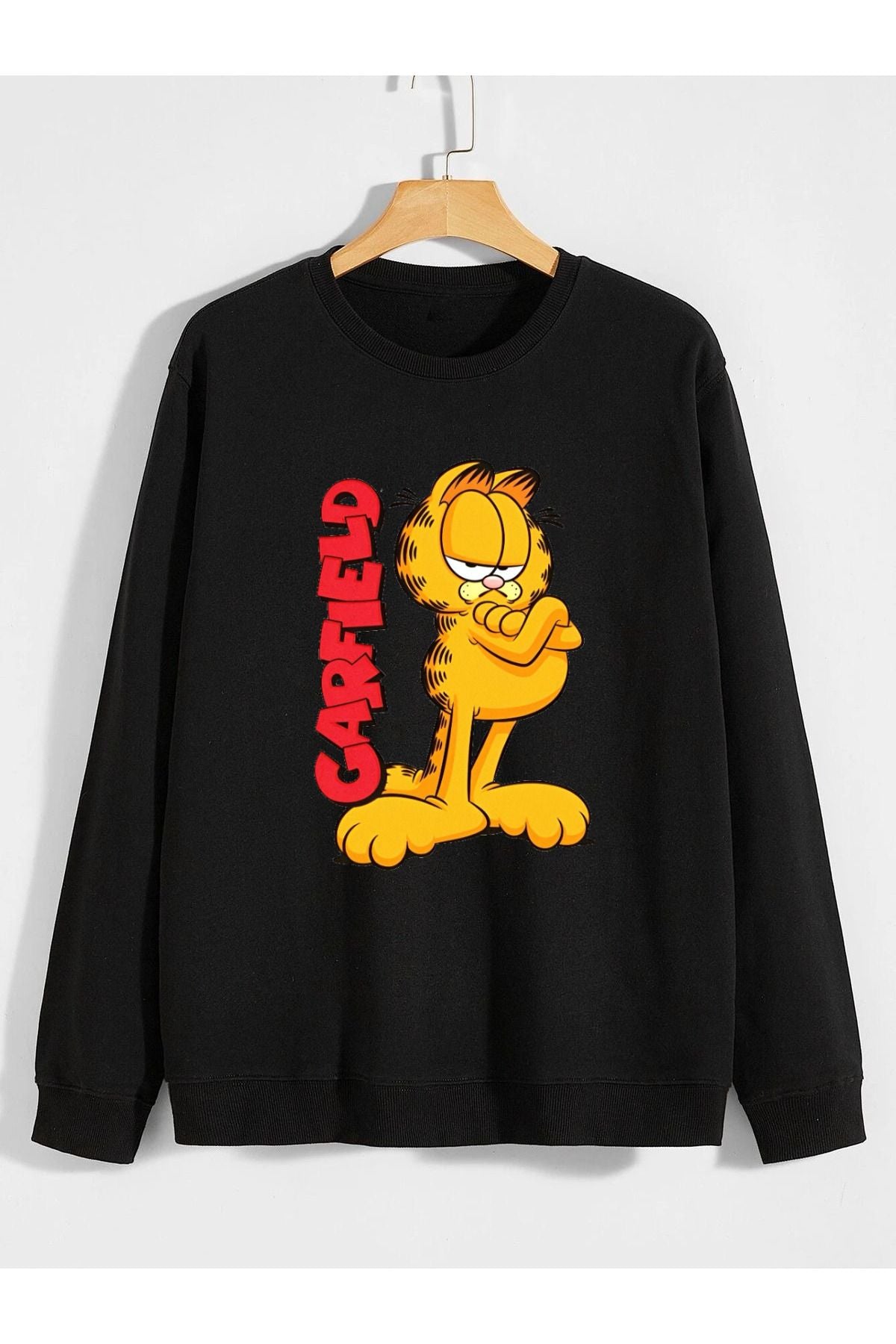 kedi garfield çizgi film baskılı 0 yaka (bisiklet yaka) sweatshirt