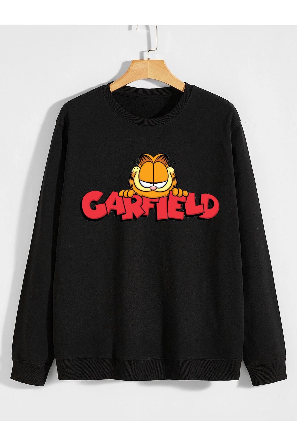 kedi garfield çizgi film baskılı 0 yaka (bisiklet yaka) sweatshirt
