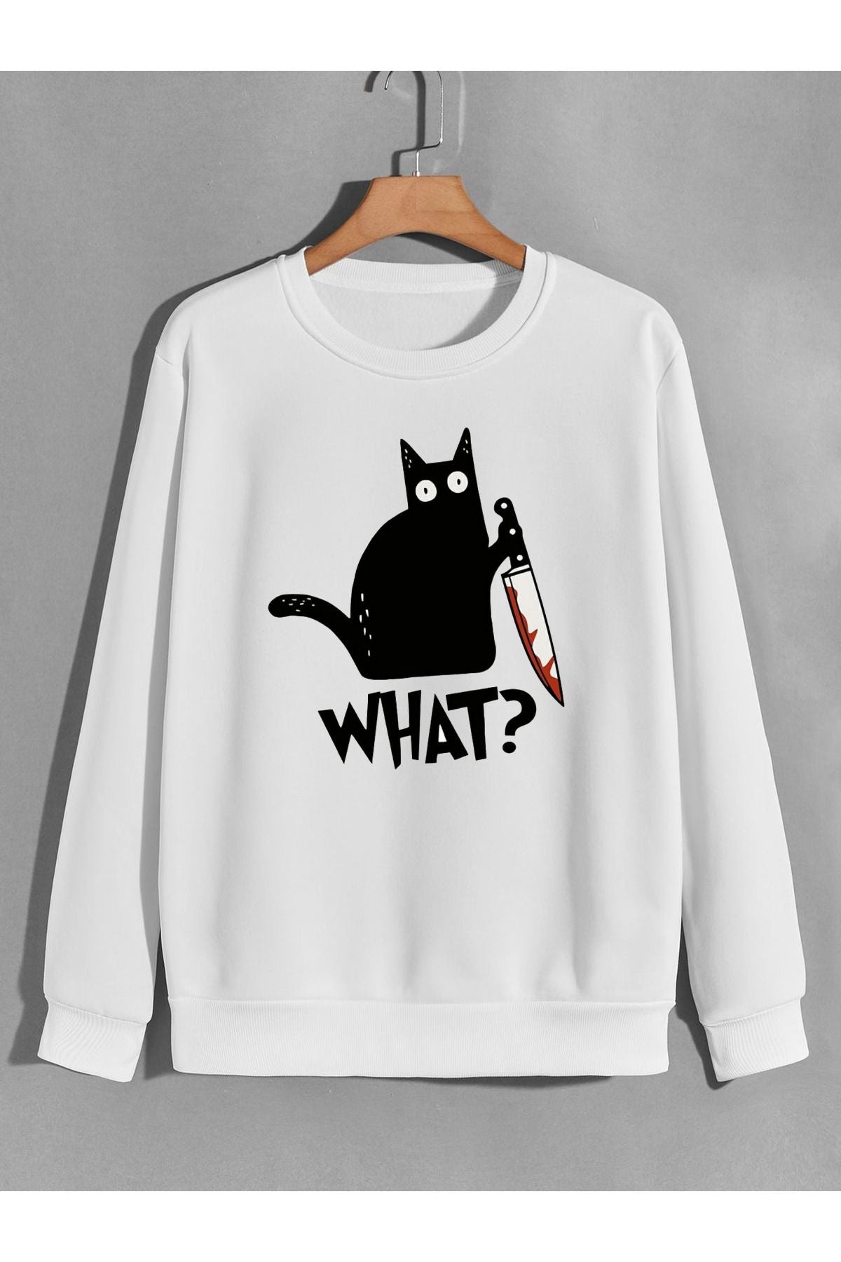 sevimli psikopat kedi baskılı 0 yaka (bisiklet yaka) sweatshirt