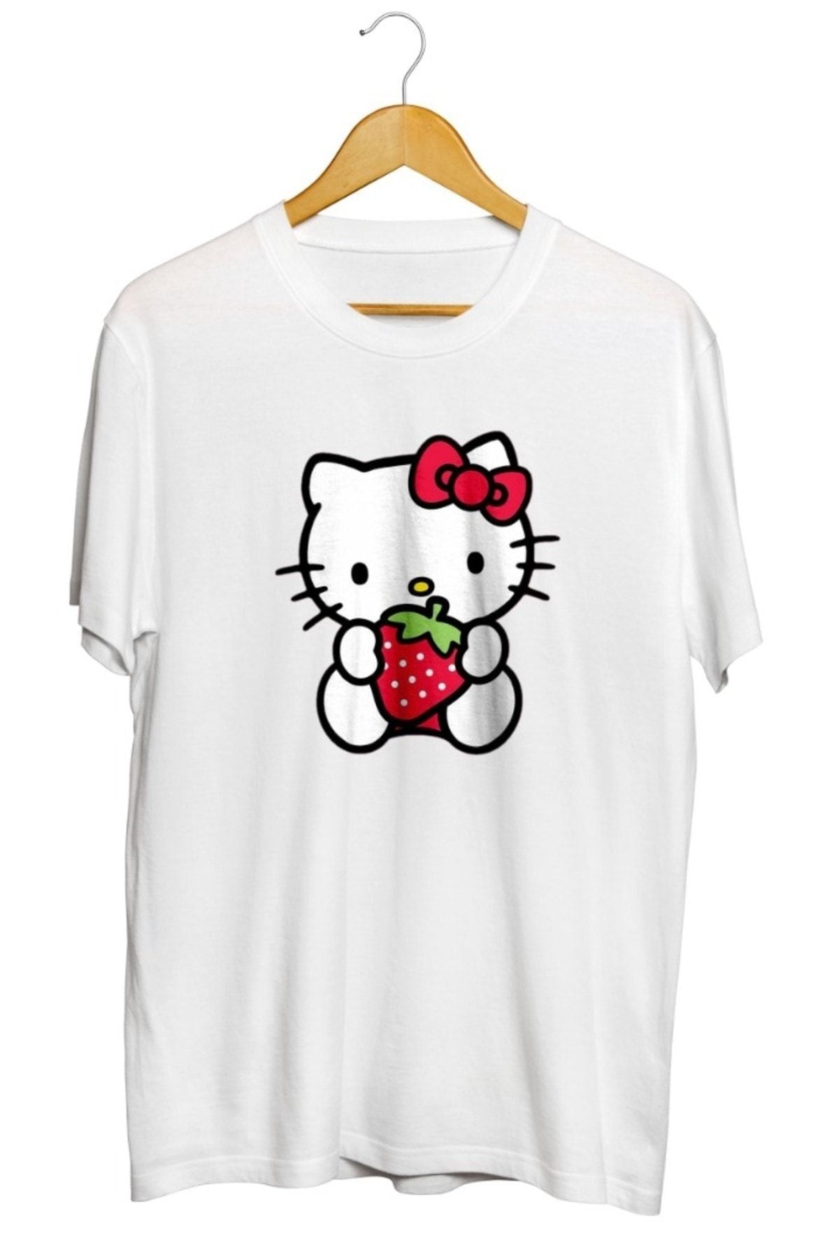 Çilekli Hello Kitty Baskılı Unisex Tişört