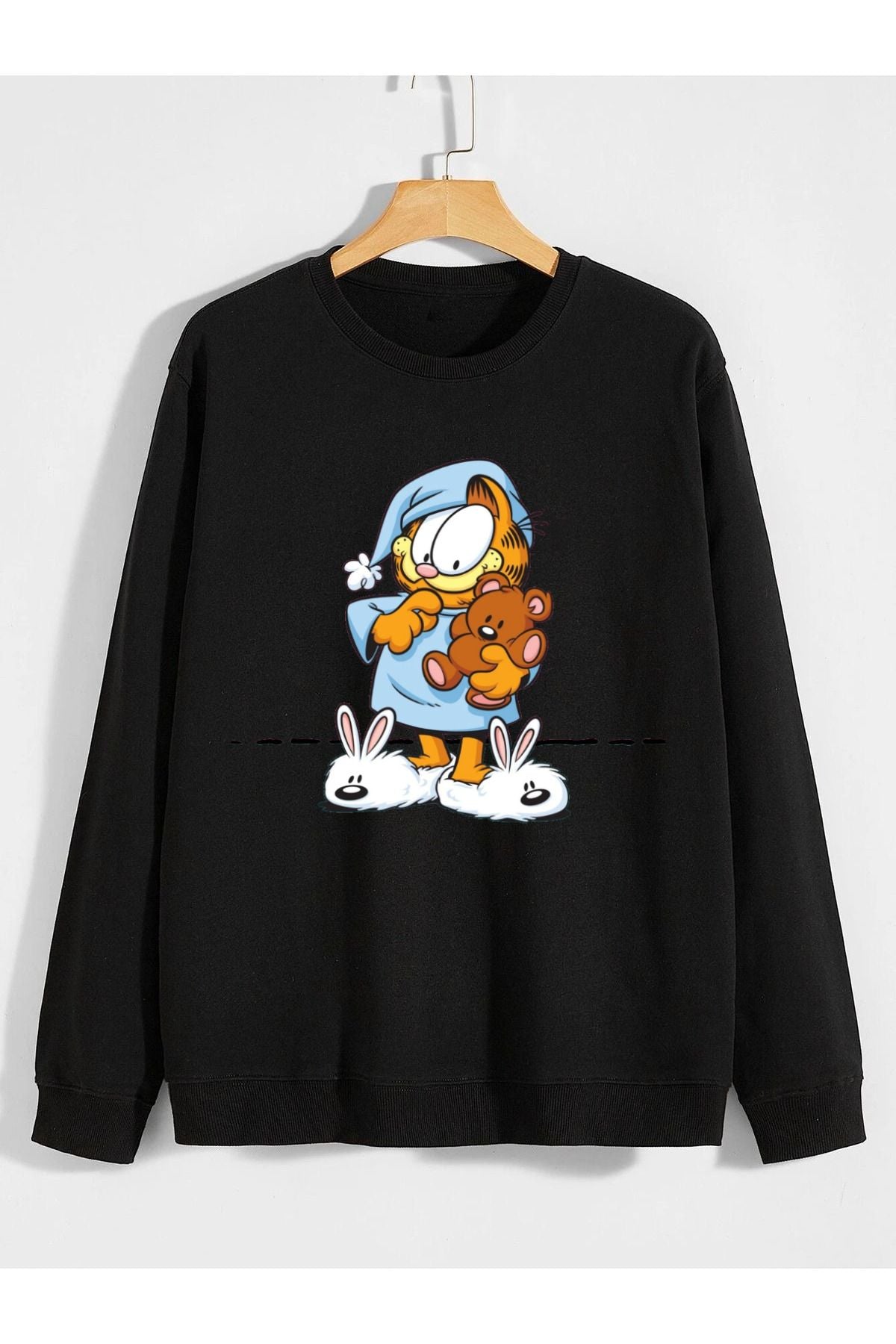 pijamalı kedi garfield çizgi film baskılı 0 yaka (bisiklet yaka) sweatshirt