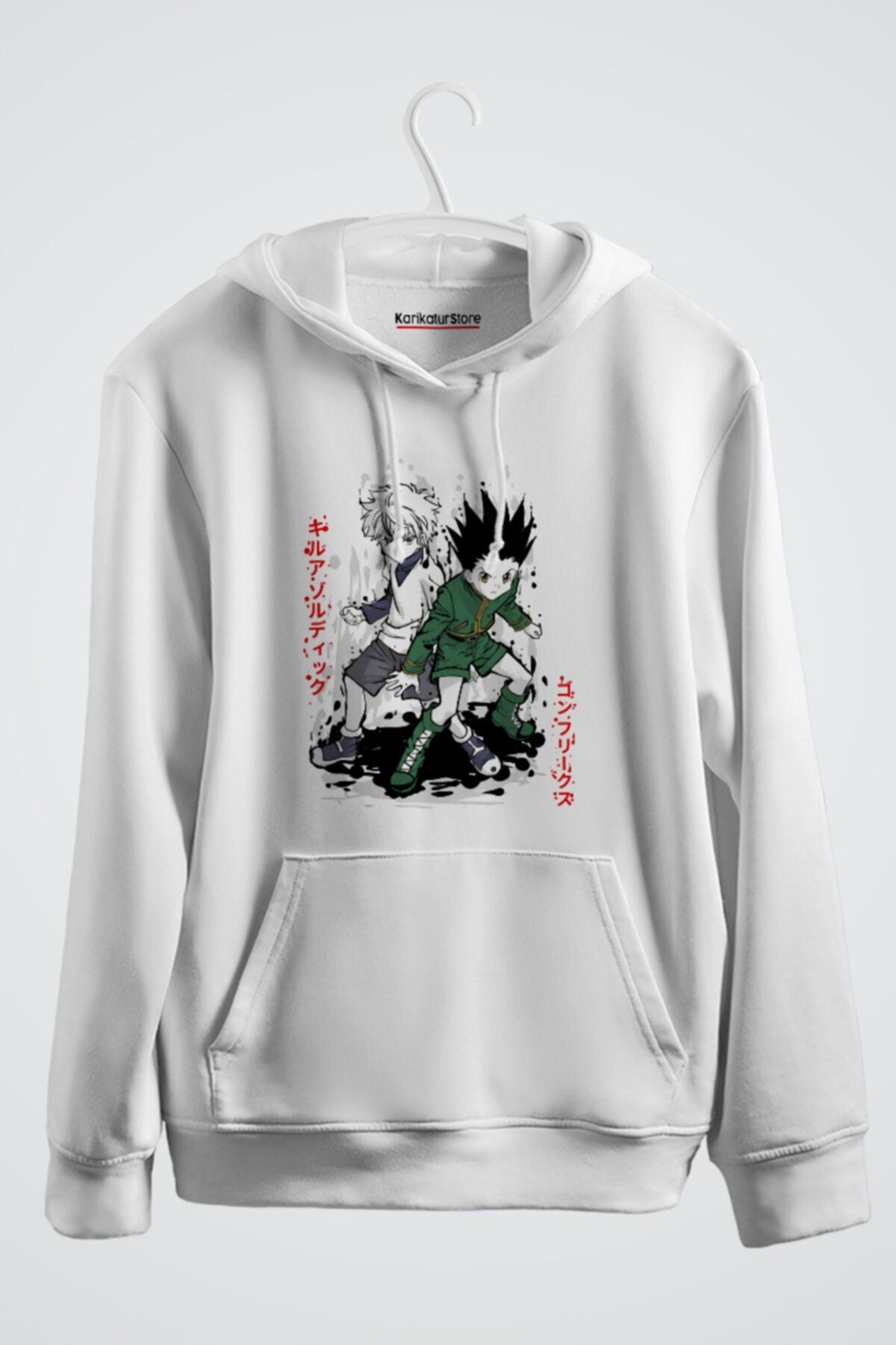 Unisex Beyaz Gon And Killua Baskılı Kapüşonlu Sweat