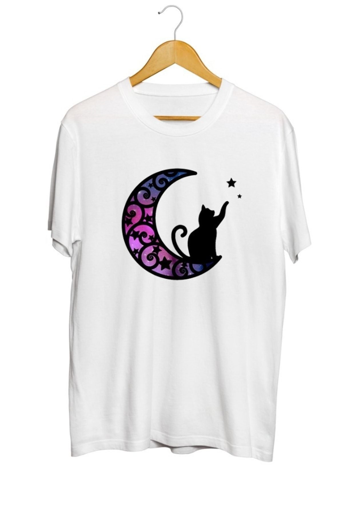 Kedi Ay Baskılı Unisex Tişört