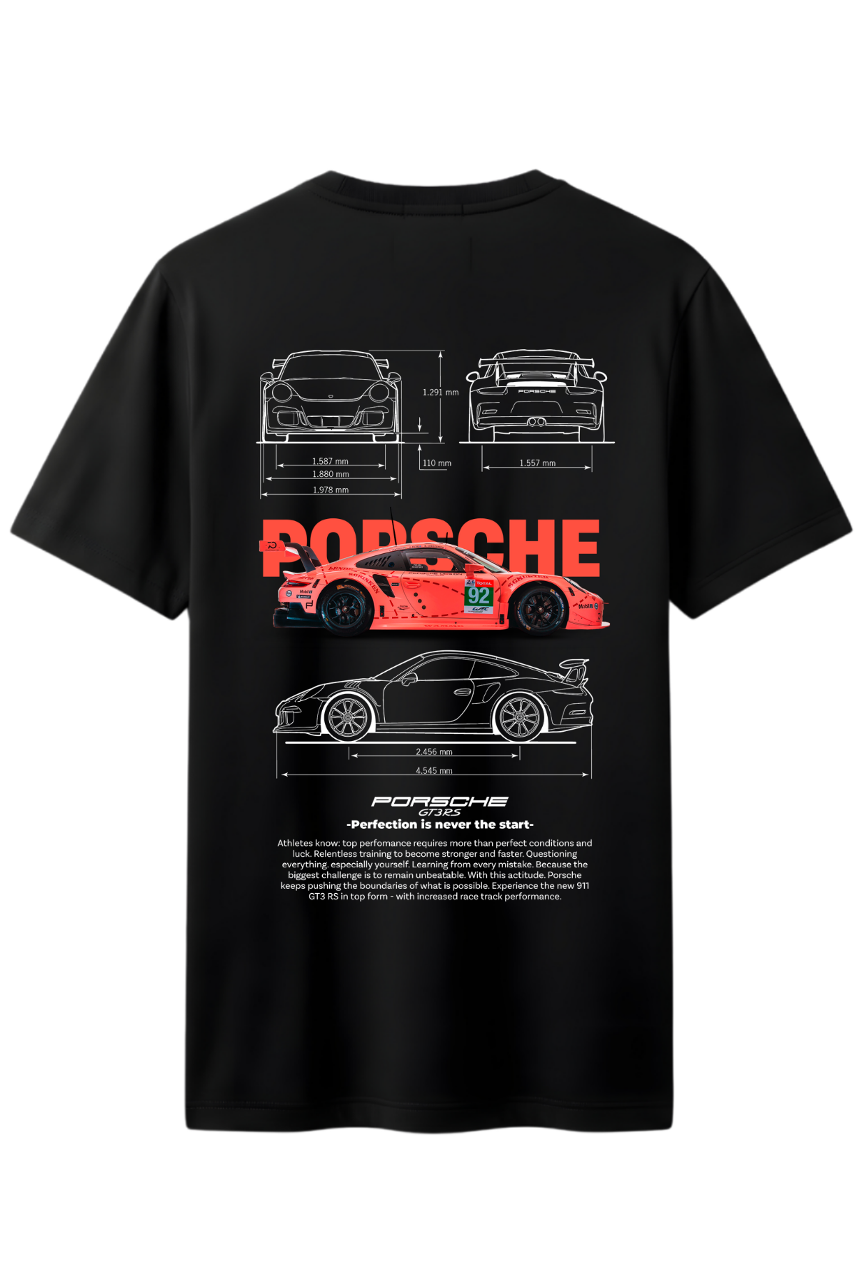 PORSHE 911 GT3 RS ROSA BLANCO Ön ve Arka Baskılı Kaliteli Unisex Tişört