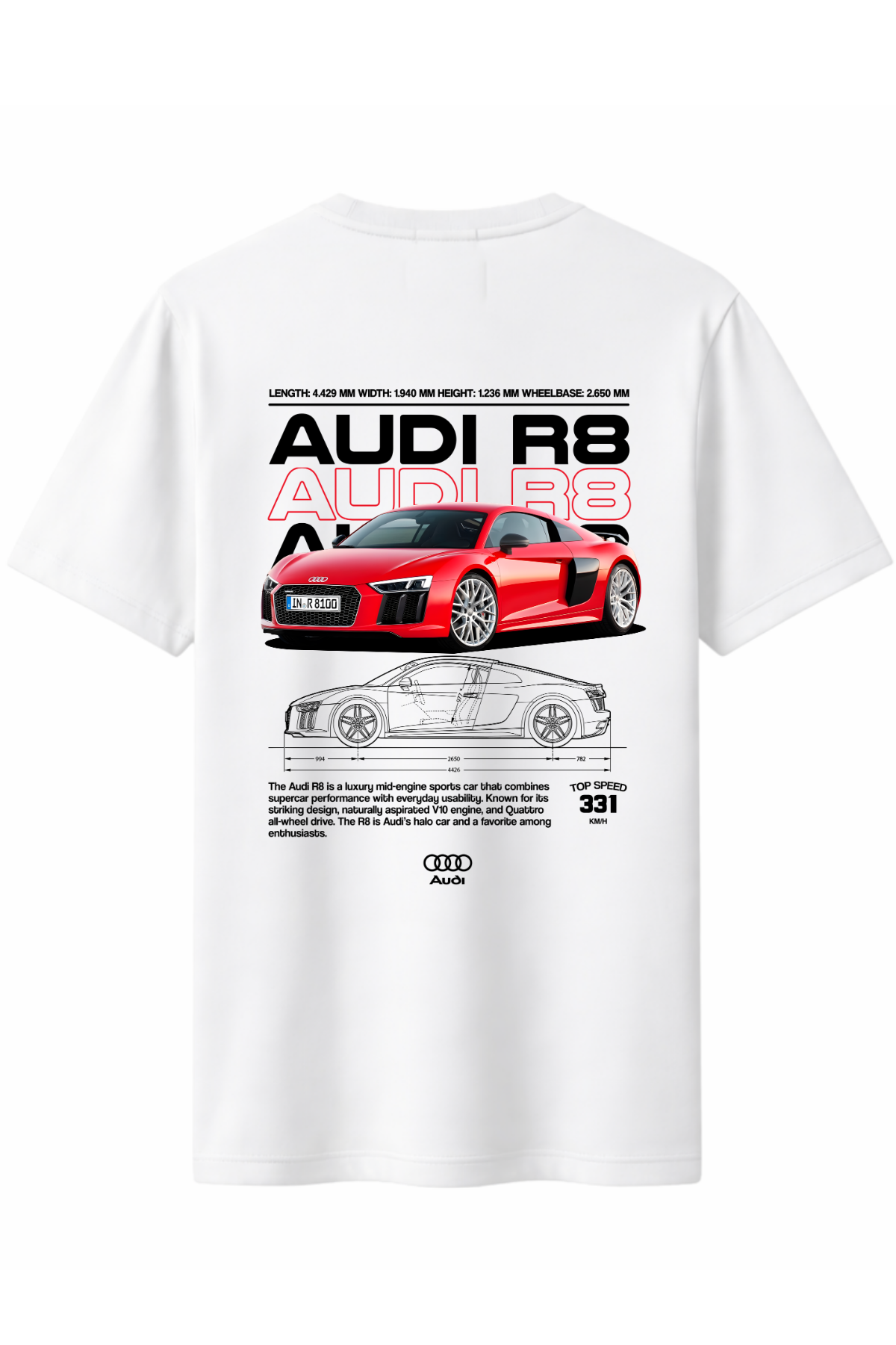 Audi R8 Kırmızı Arka Baskılı Kaliteli Unisex Tişört