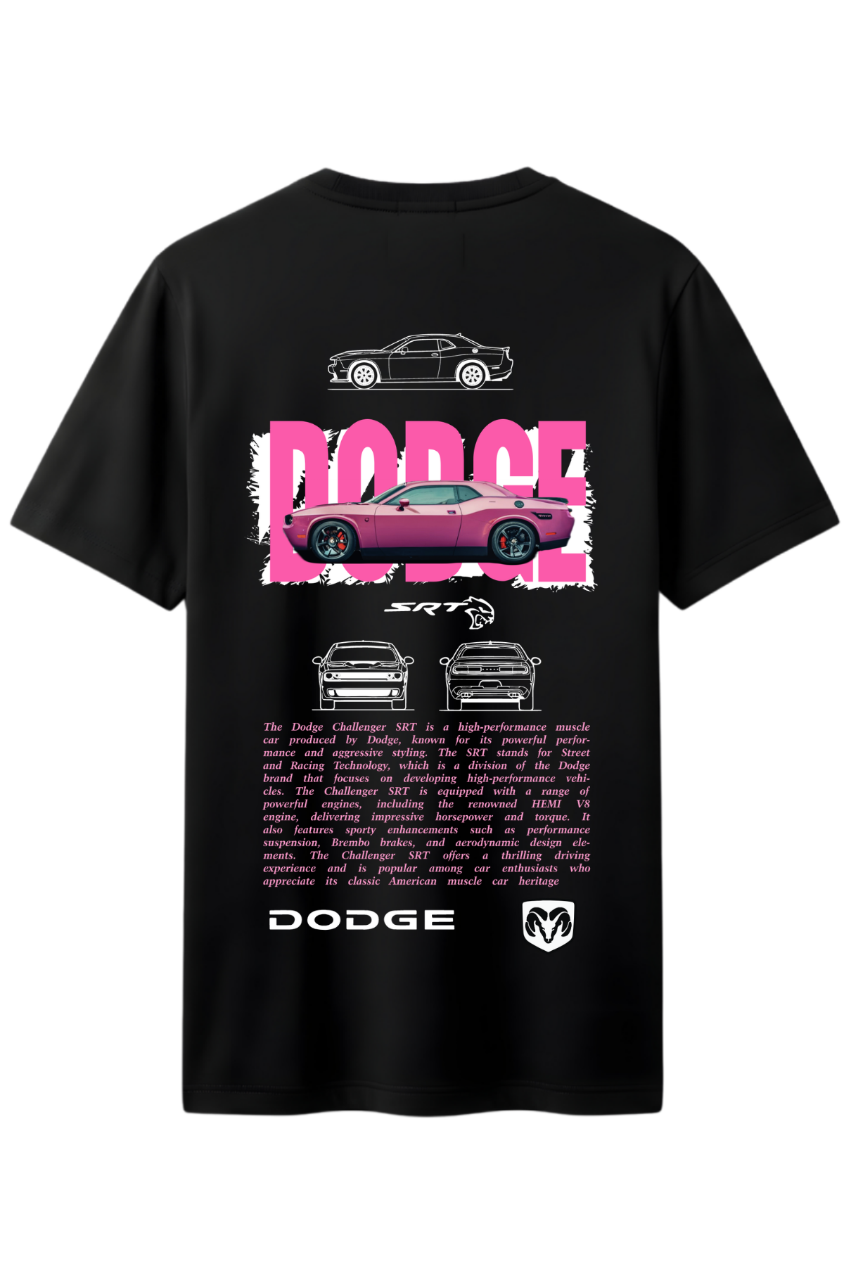 DODGE CHARGER PEMBE Arka Baskılı Kaliteli Unisex Tişört
