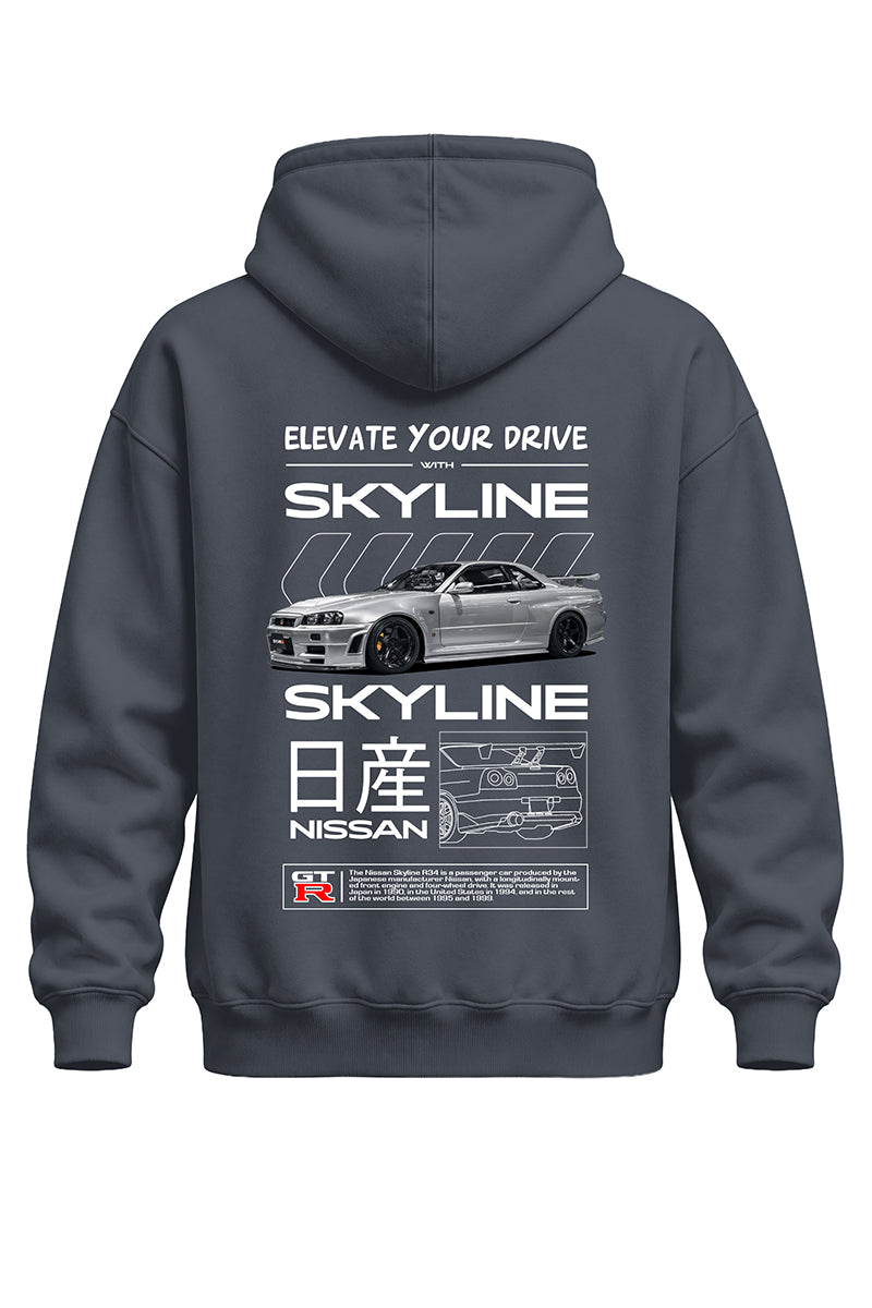 Skyline Gtr Gri Baskılı Kaliteli Unisex Kapşonlu Sweatshirt