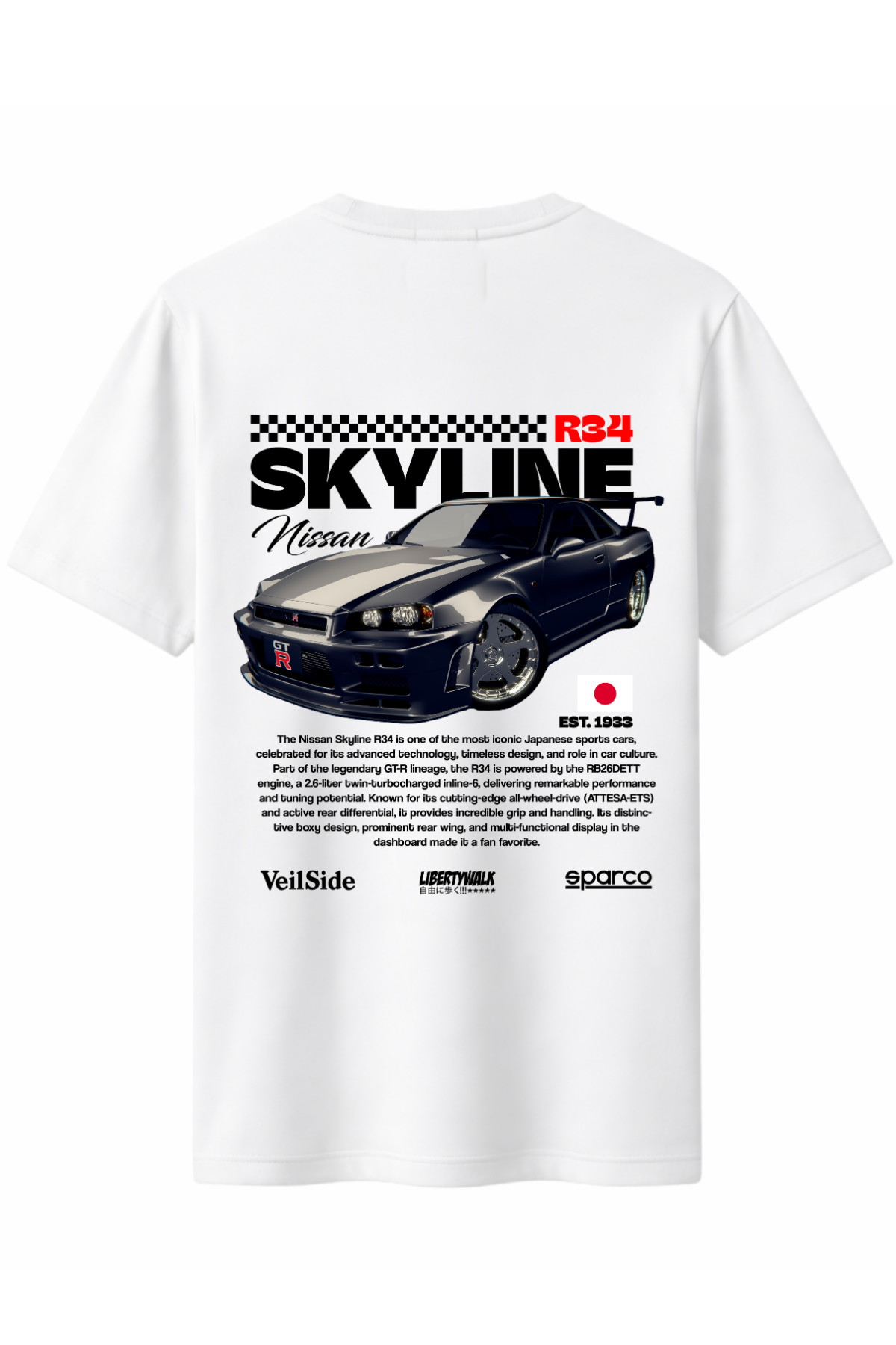 Skyline R34 Siyah Arka Baskılı Kaliteli Unisex Tişört