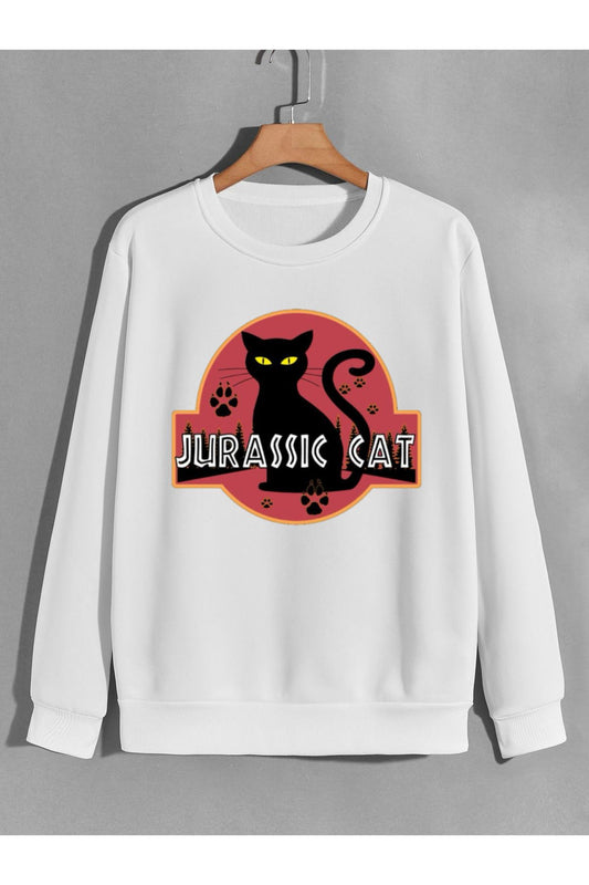 jurassic cat kedi baskılı 0 yaka (bisiklet yaka) sweatshirt