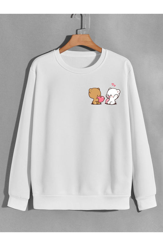 sevimli ayıcıklı sevgili baskılı 0 yaka (bisiklet yaka) sweatshirt