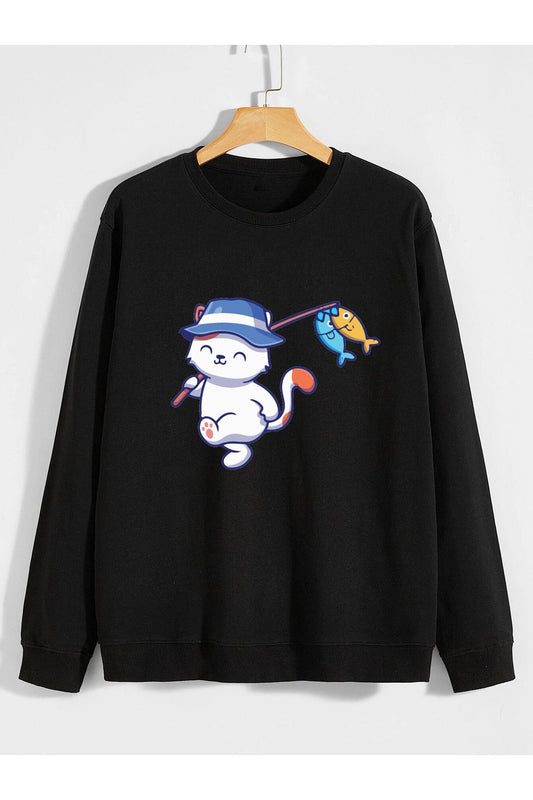 balık tutan kedi baskılı 0 yaka (bisiklet yaka) sweatshirt