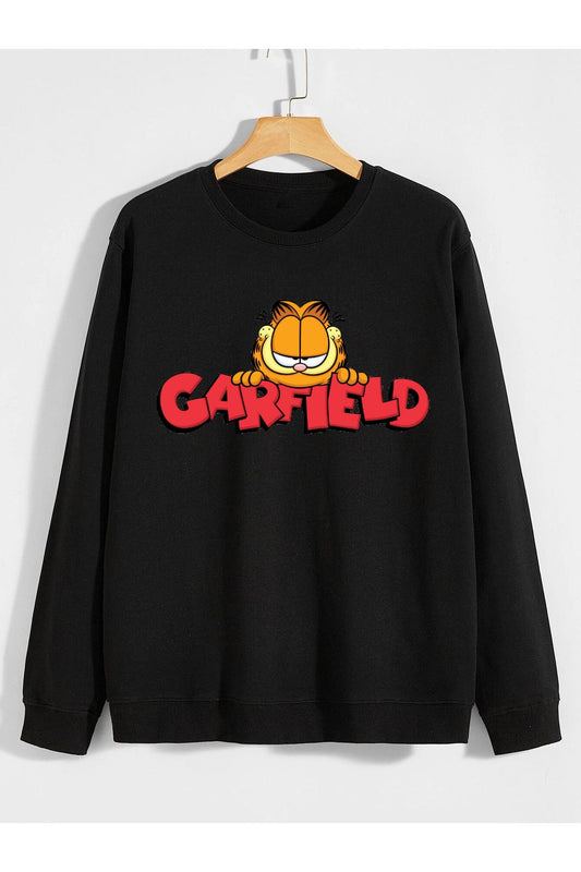 kedi garfield çizgi film baskılı 0 yaka (bisiklet yaka) sweatshirt