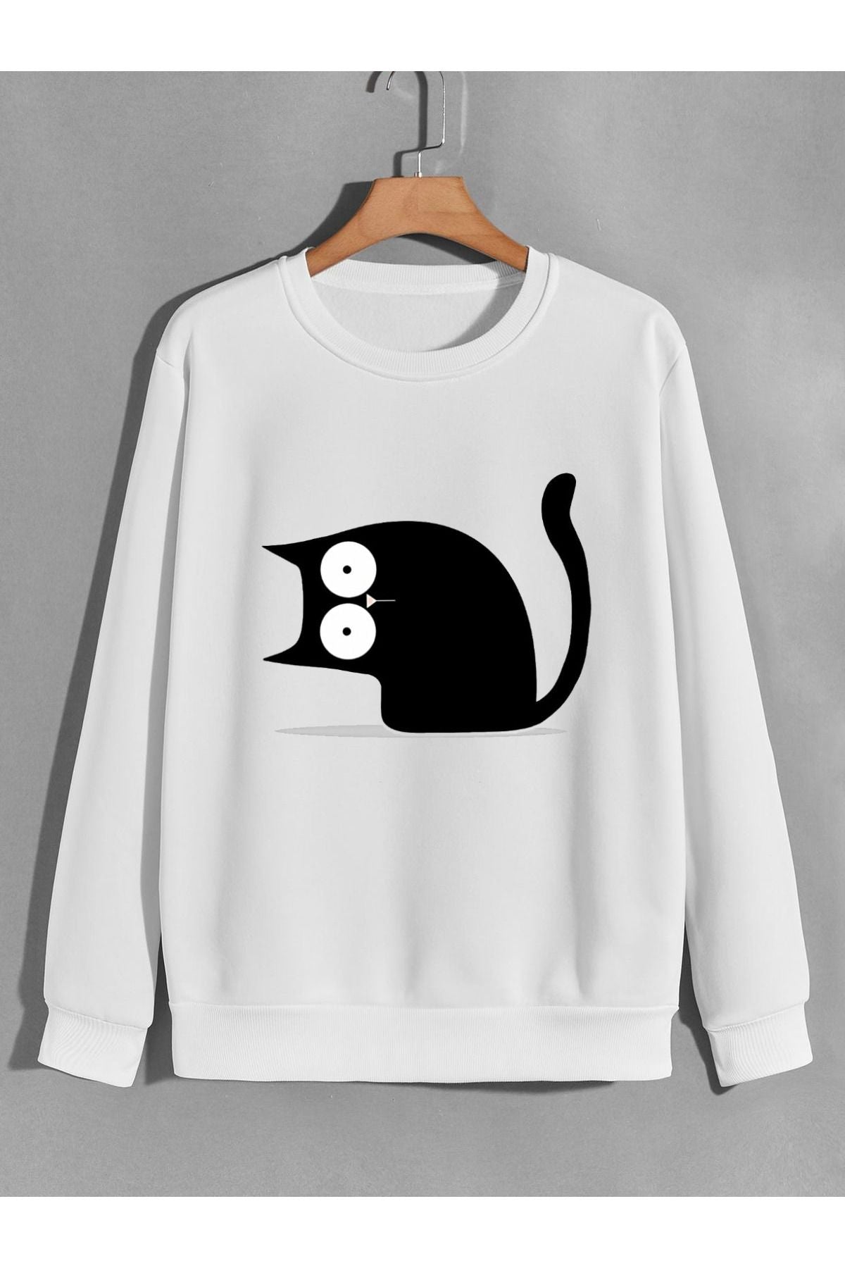 sevimli siyah kedi baskılı 0 yaka (bisiklet yaka) sweatshirt