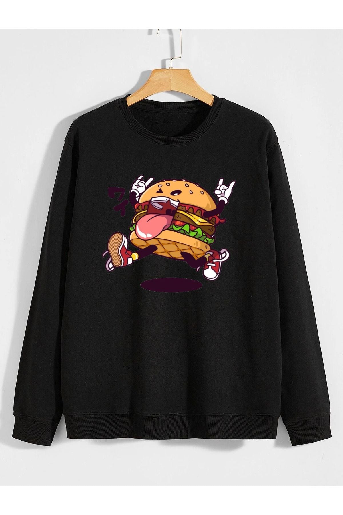 hamburger baskılı 0 yaka (bisiklet yaka) sweatshirt