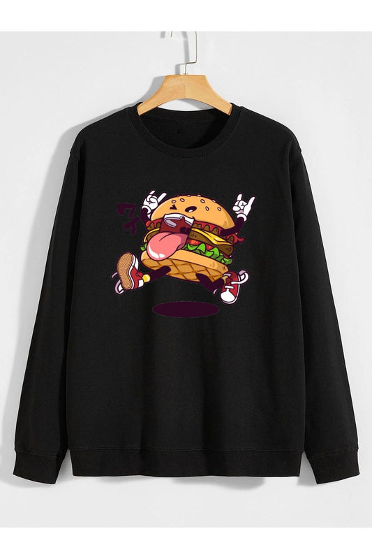 hamburger baskılı 0 yaka (bisiklet yaka) sweatshirt