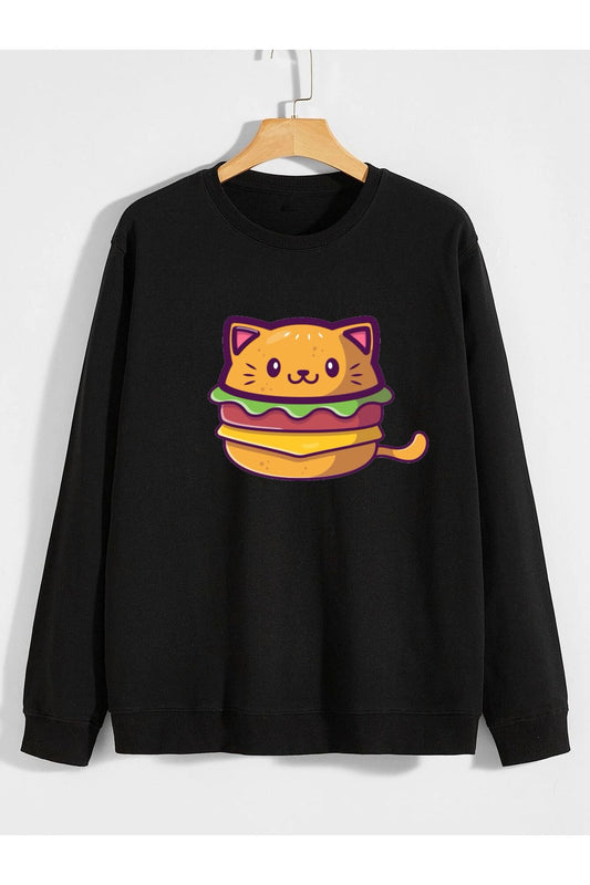 catburger kedi hamburger baskılı 0 yaka (bisiklet yaka) sweatshirt