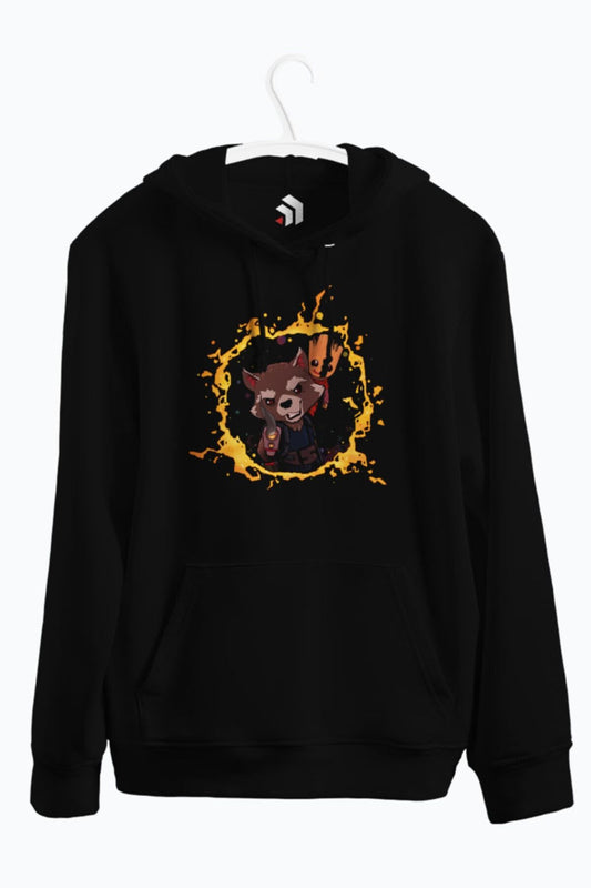 Rocket Raccoon And Baby Groot Baskılı Kapşonlu Sweatshirt
