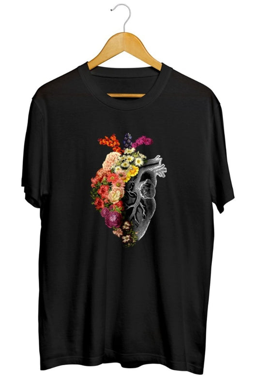 Çiçekli Bahar Kalp Baskılı Unisex Tişört