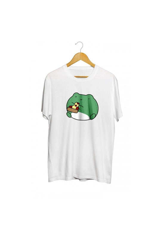 Pizza Yiyen Kurbağa Baskılı Unisex Tişört