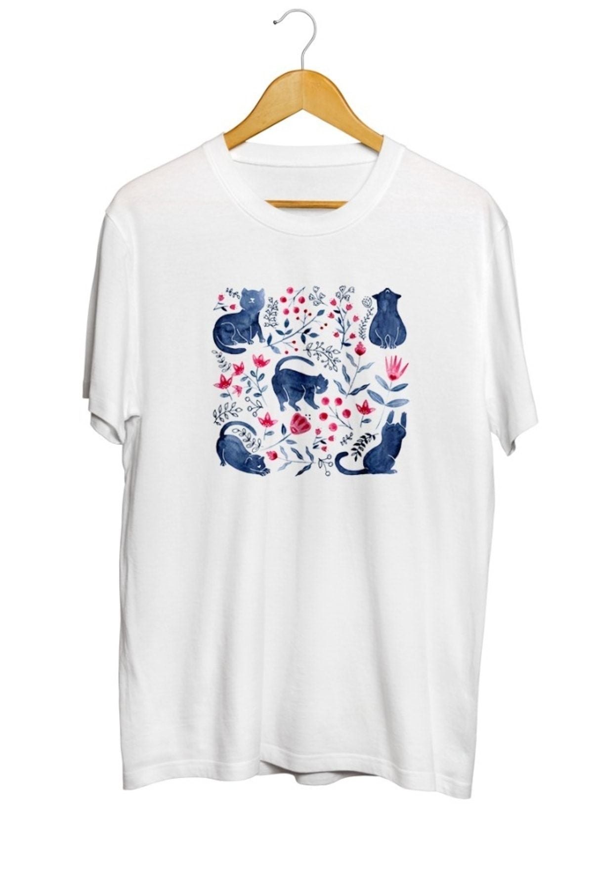 Çiçekli Kediler Baskılı Unisex Tişört