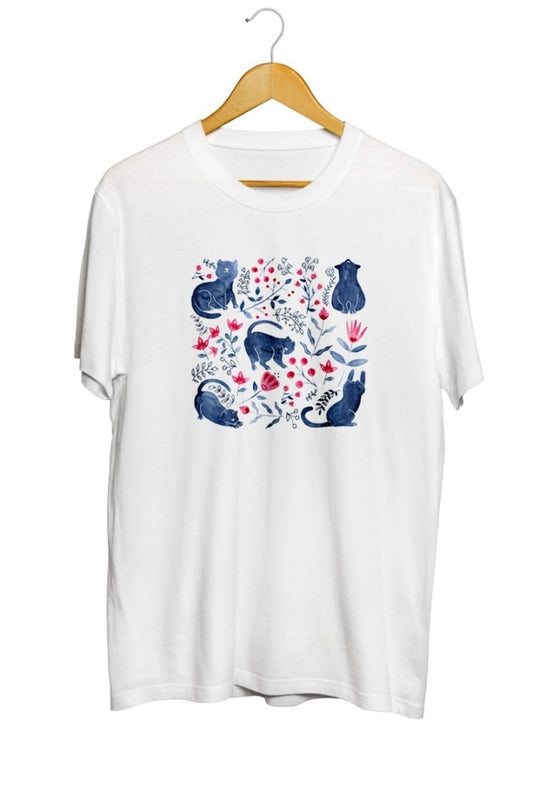 Çiçekli Kediler Baskılı Unisex Tişört