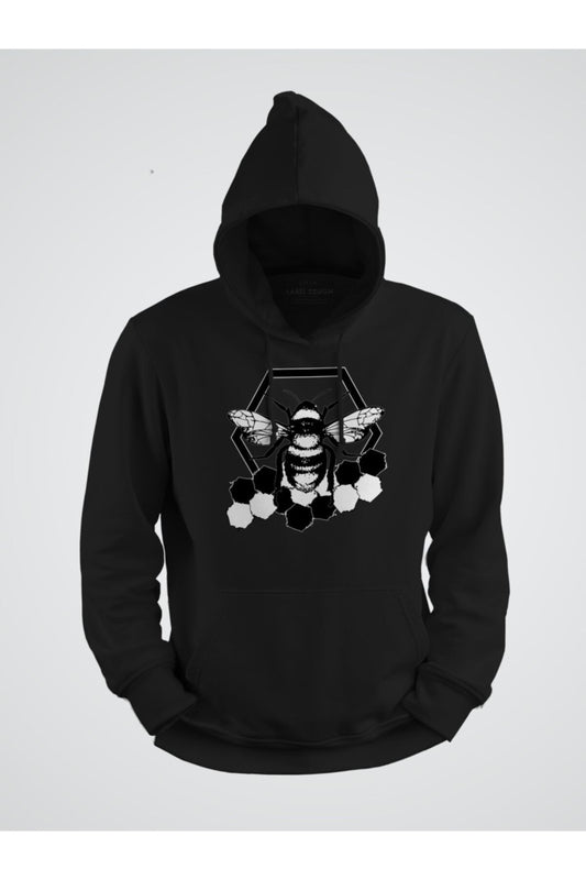 Bal Arısı Petek Baskılı Kapüşonlu Sweatshirt