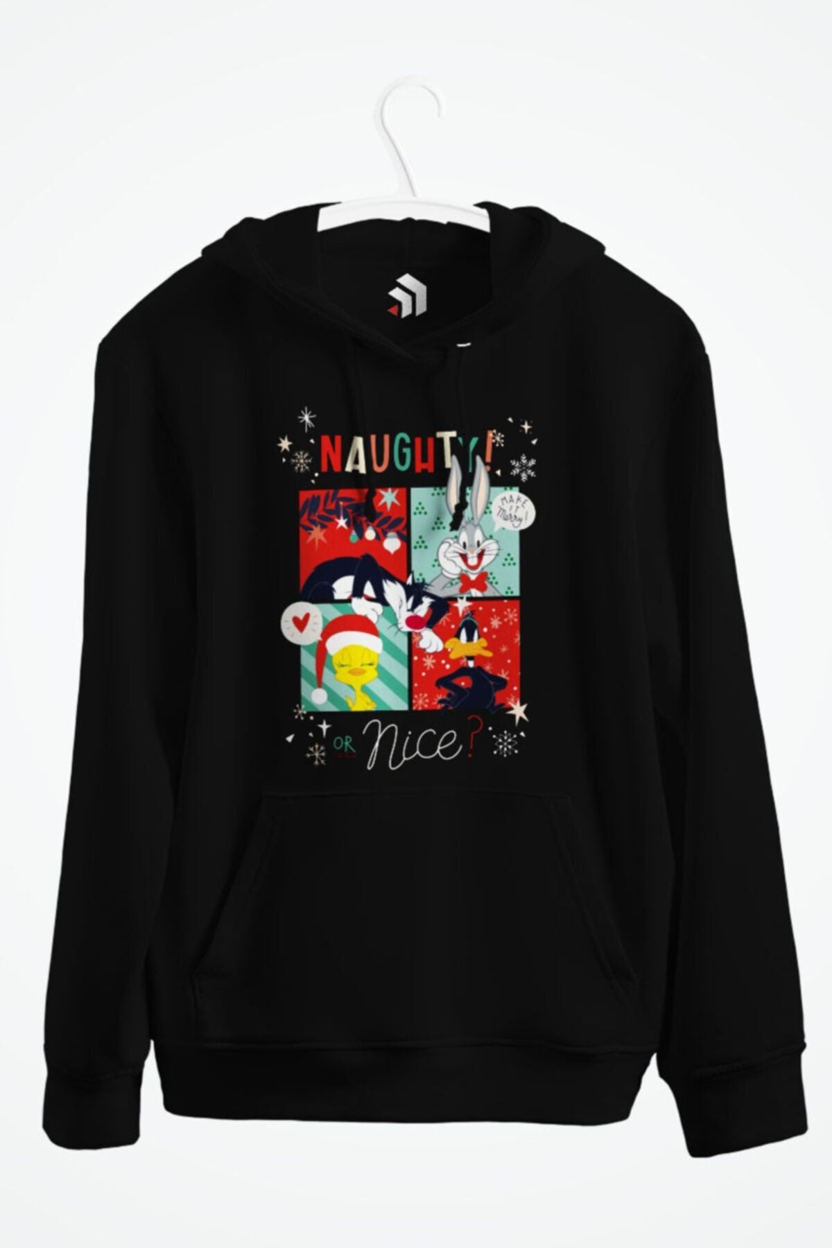 Looney Tunes Naughty Or Nice Christmas Baskılı Kapşonlu Sweatshirt