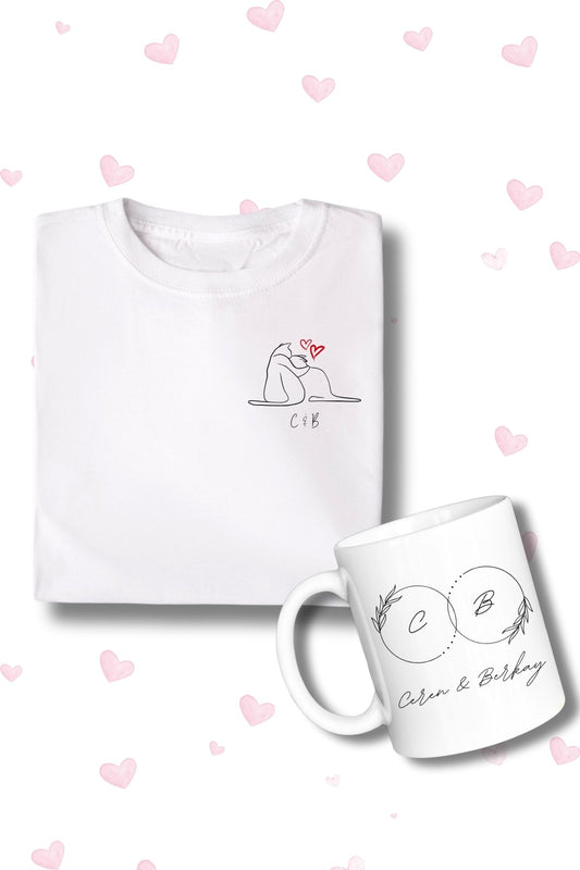 İsme Özel Unisex Tişört ve Kupa Seti Sevgililer Günü Özel Baskılı Set