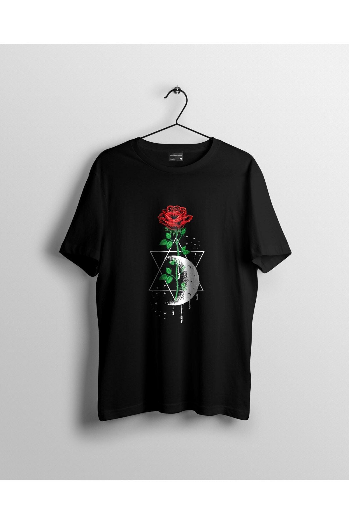Unisex Siyah Gizli Ay ile Gül Baskılı Tshirt