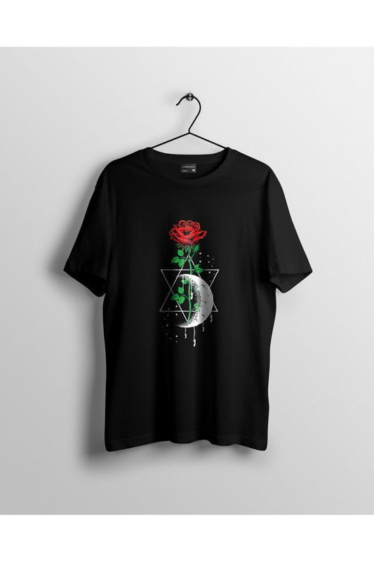 Unisex Siyah Gizli Ay ile Gül Baskılı Tshirt