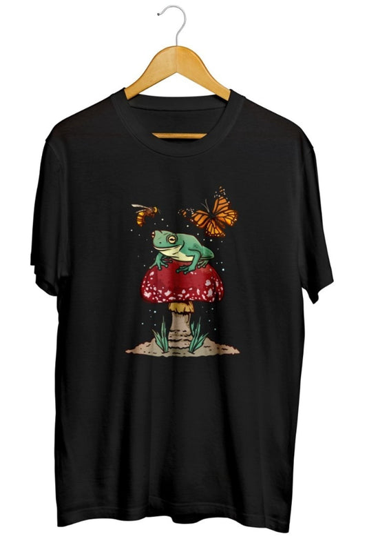 Mantar Kurbağa Ve Kelebek Baskılı Unisex Tişört