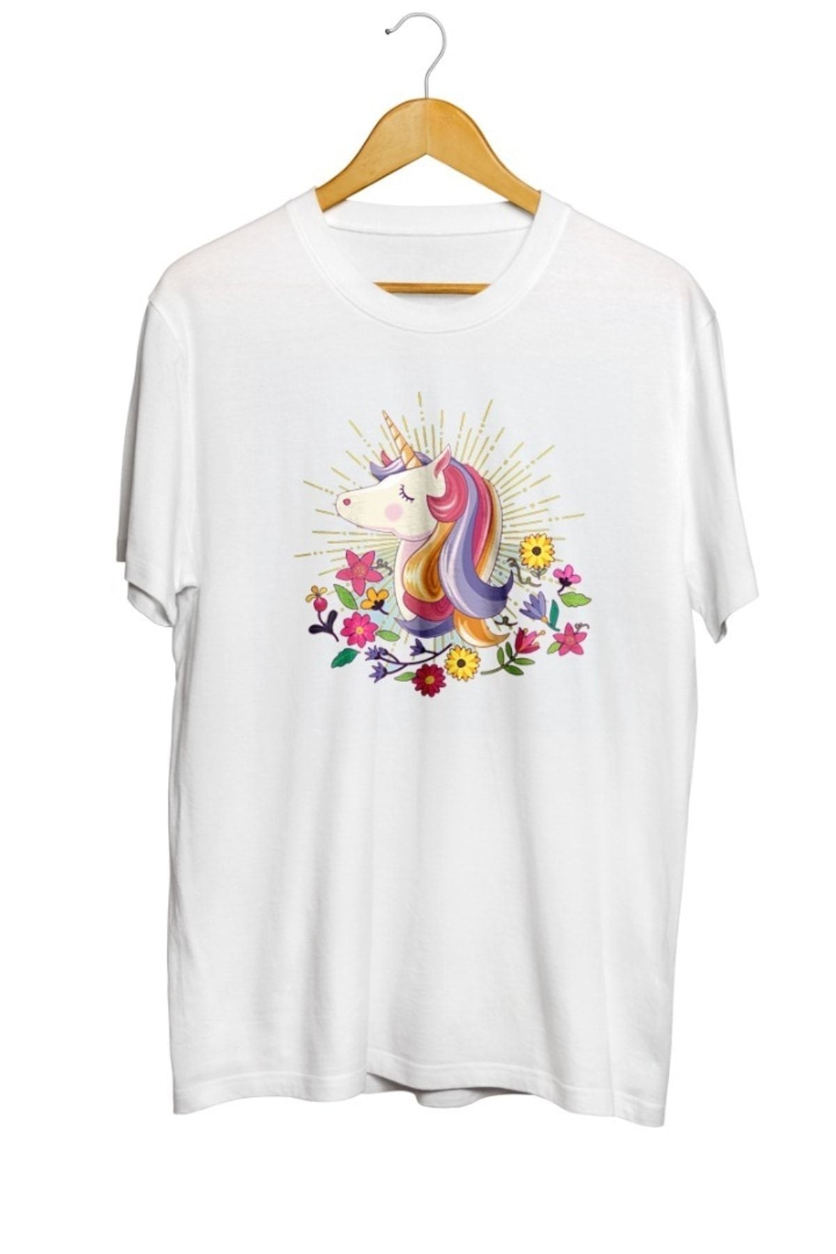 Çiçekli Unicorn Baskılı Unisex Tişört