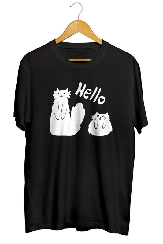 Kedi Hello Baskılı Unisex Tişört