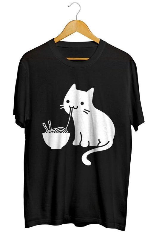 Ramen Yiyen Kedi Baskılı Unisex Tişört