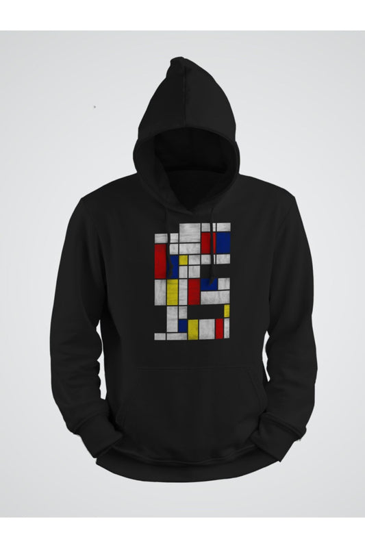 Endişeli Mondrian Kompozisyonu Baskılı Kapşonlu Sweat