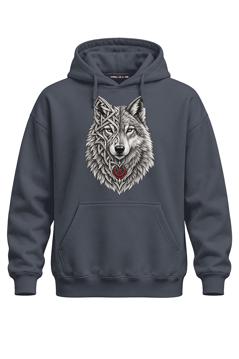 Gümüş Kurt Baskılı Kaliteli Unisex Kapşonlu Sweatshirt