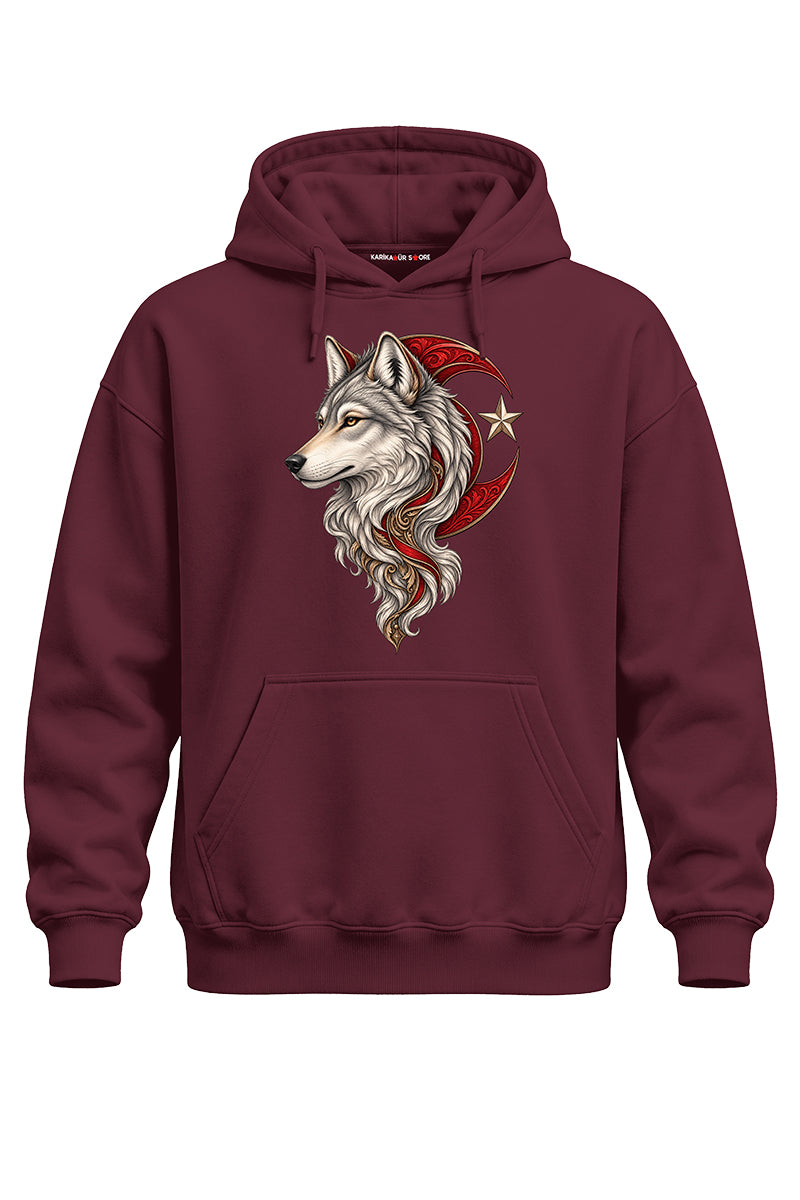 Ay Yıldızlı Bozkurt Baskılı Kaliteli Unisex Kapşonlu Sweatshirt