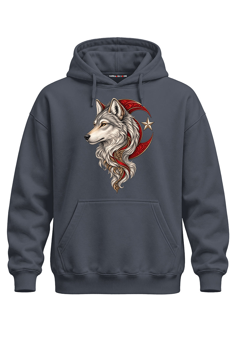 Ay Yıldızlı Bozkurt Baskılı Kaliteli Unisex Kapşonlu Sweatshirt
