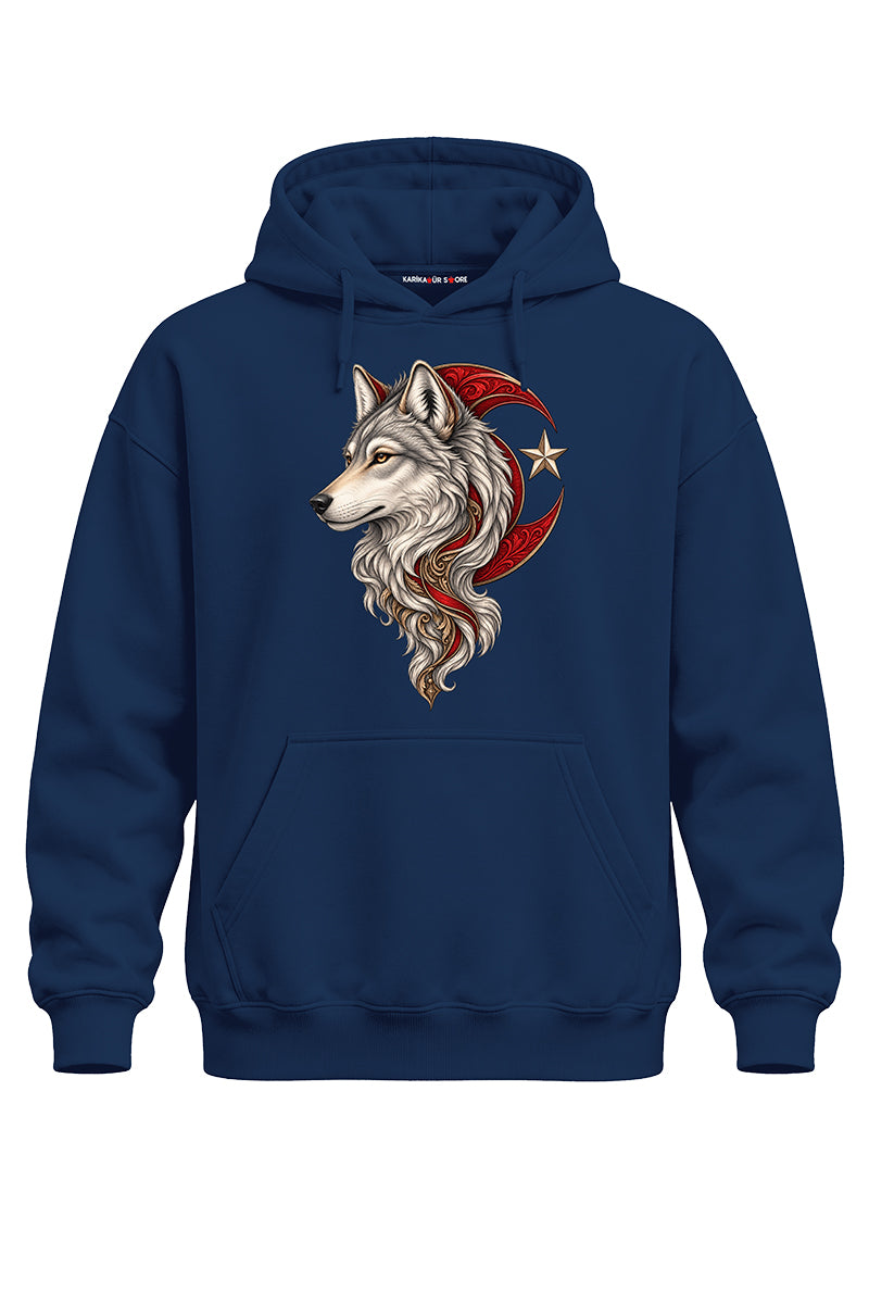 Ay Yıldızlı Bozkurt Baskılı Kaliteli Unisex Kapşonlu Sweatshirt