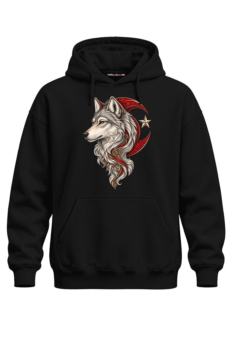 Ay Yıldızlı Bozkurt Baskılı Kaliteli Unisex Kapşonlu Sweatshirt