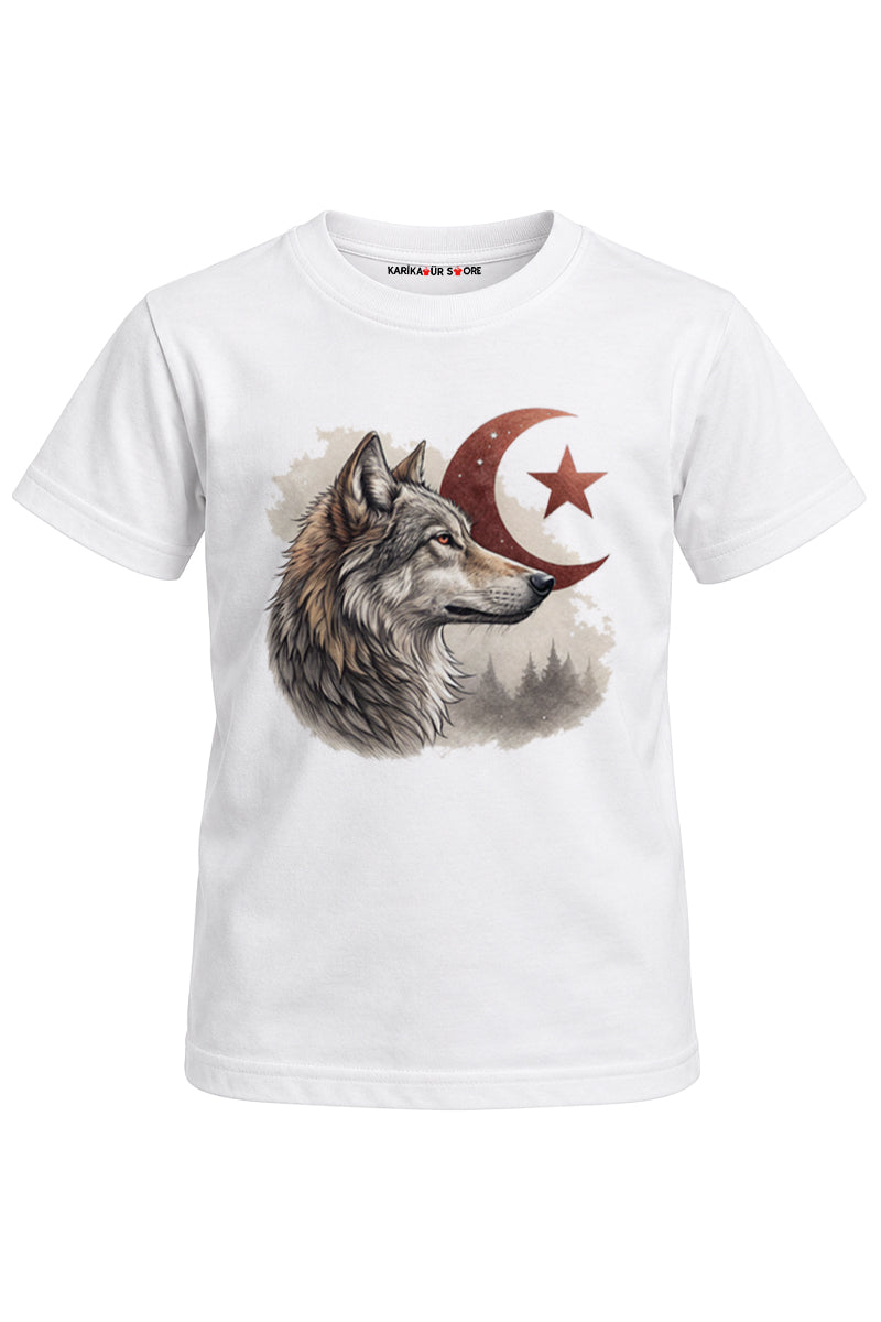 Ay Yıldızlı Kurt Baskılı Unisex Çocuk Tişört