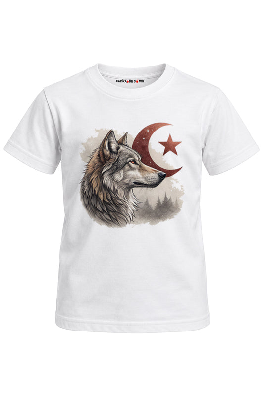 Ay Yıldızlı Kurt Baskılı Unisex Çocuk Tişört