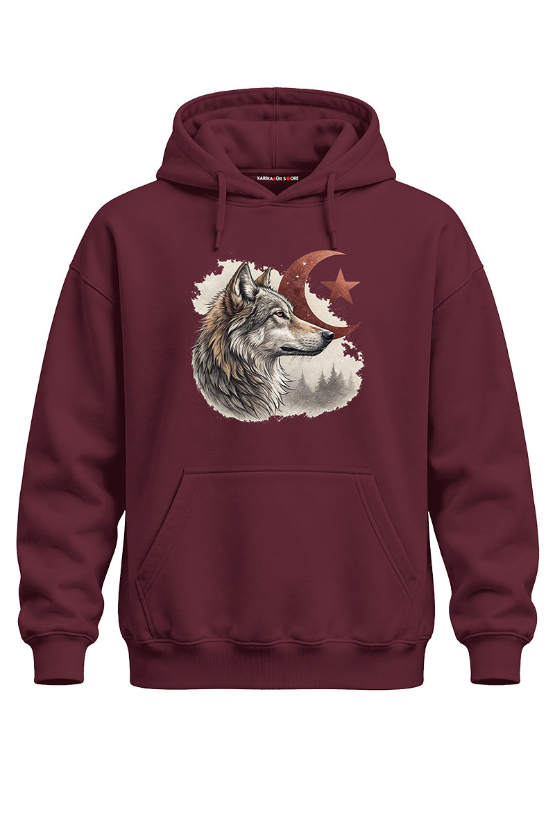 Ay Yıldız Kurt Baskılı Kaliteli Unisex Kapşonlu Sweatshirt