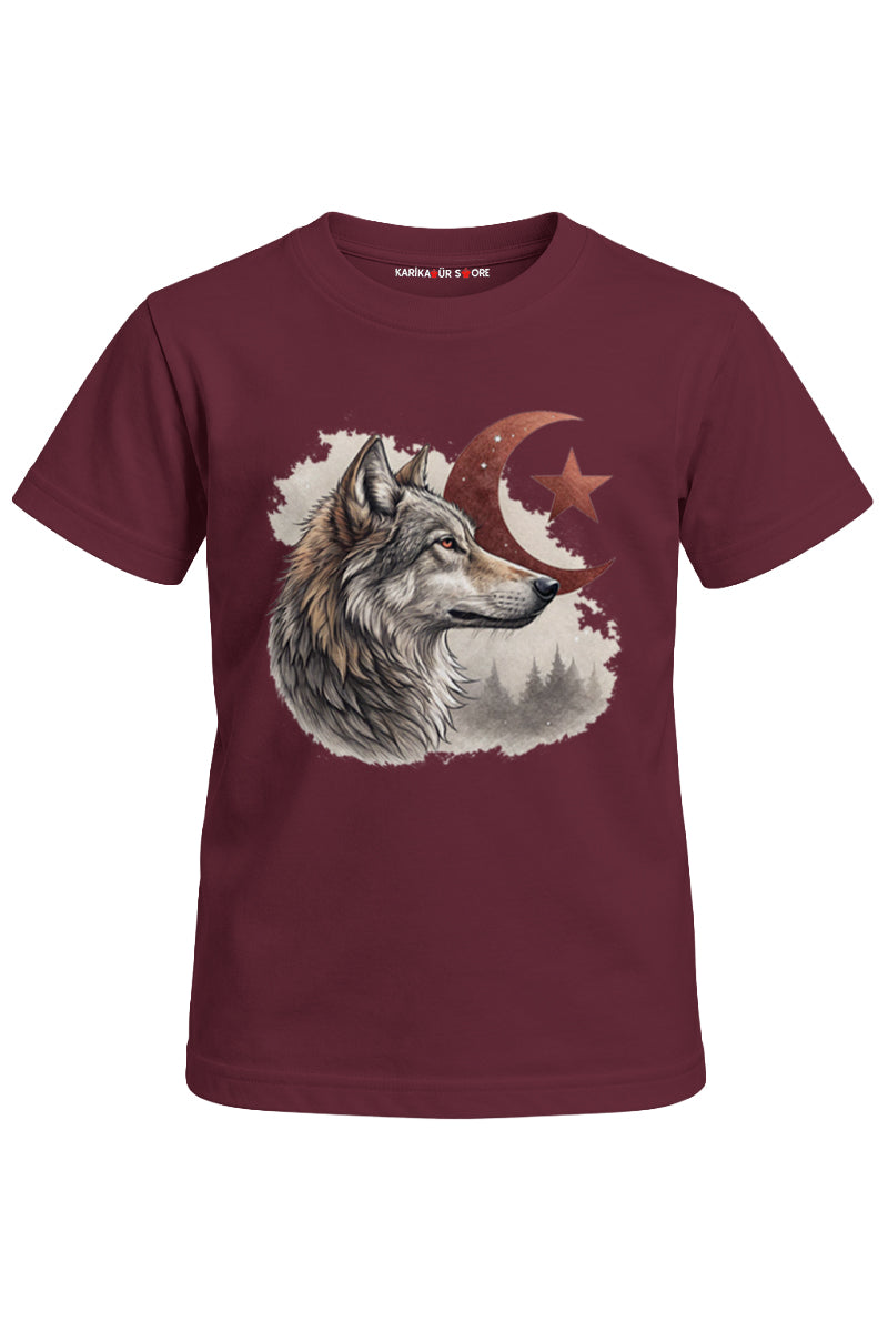 Ay Yıldızlı Kurt Baskılı Unisex Çocuk Tişört
