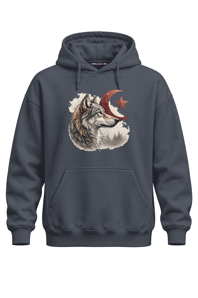 Ay Yıldız Kurt Baskılı Kaliteli Unisex Kapşonlu Sweatshirt