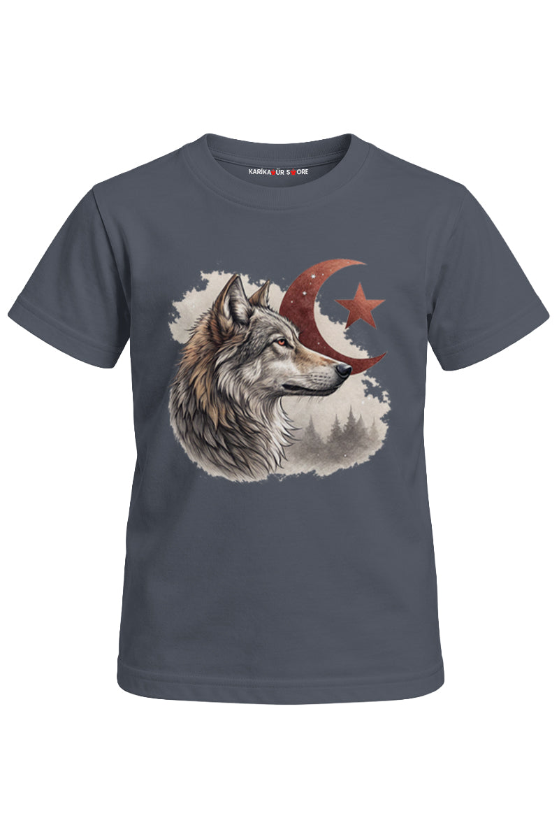 Ay Yıldızlı Kurt Baskılı Unisex Çocuk Tişört