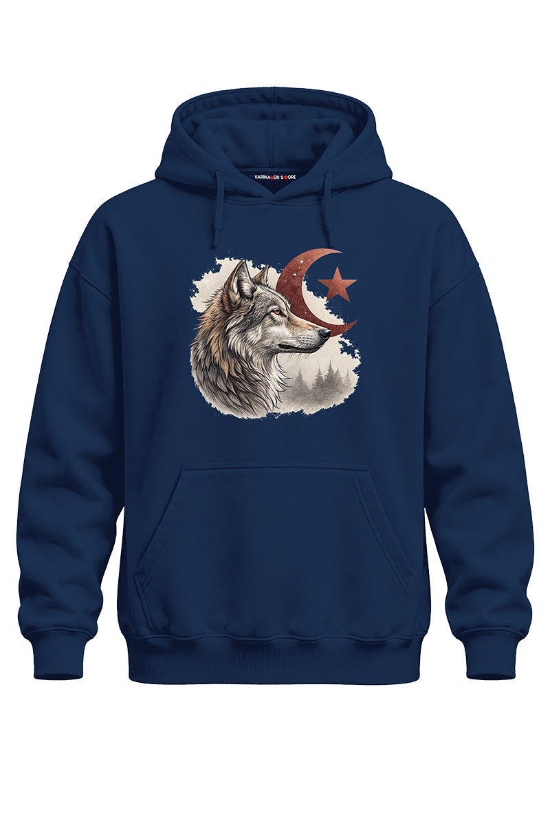 Ay Yıldız Kurt Baskılı Kaliteli Unisex Kapşonlu Sweatshirt