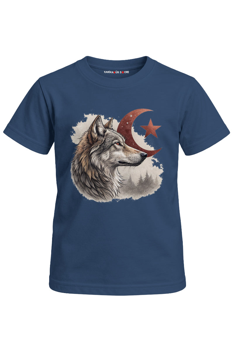 Ay Yıldızlı Kurt Baskılı Unisex Çocuk Tişört