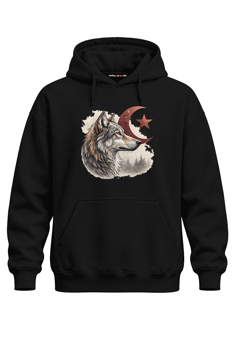 Ay Yıldız Kurt Baskılı Kaliteli Unisex Kapşonlu Sweatshirt