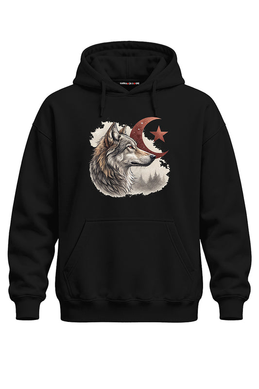 Ay Yıldız Kurt Baskılı Kaliteli Unisex Kapşonlu Sweatshirt